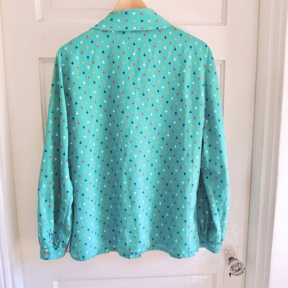 Vintage Florence Alper Neiman Marcus Teal Print Bow Blouse 18 (L/XL) - Picture 7 of 10